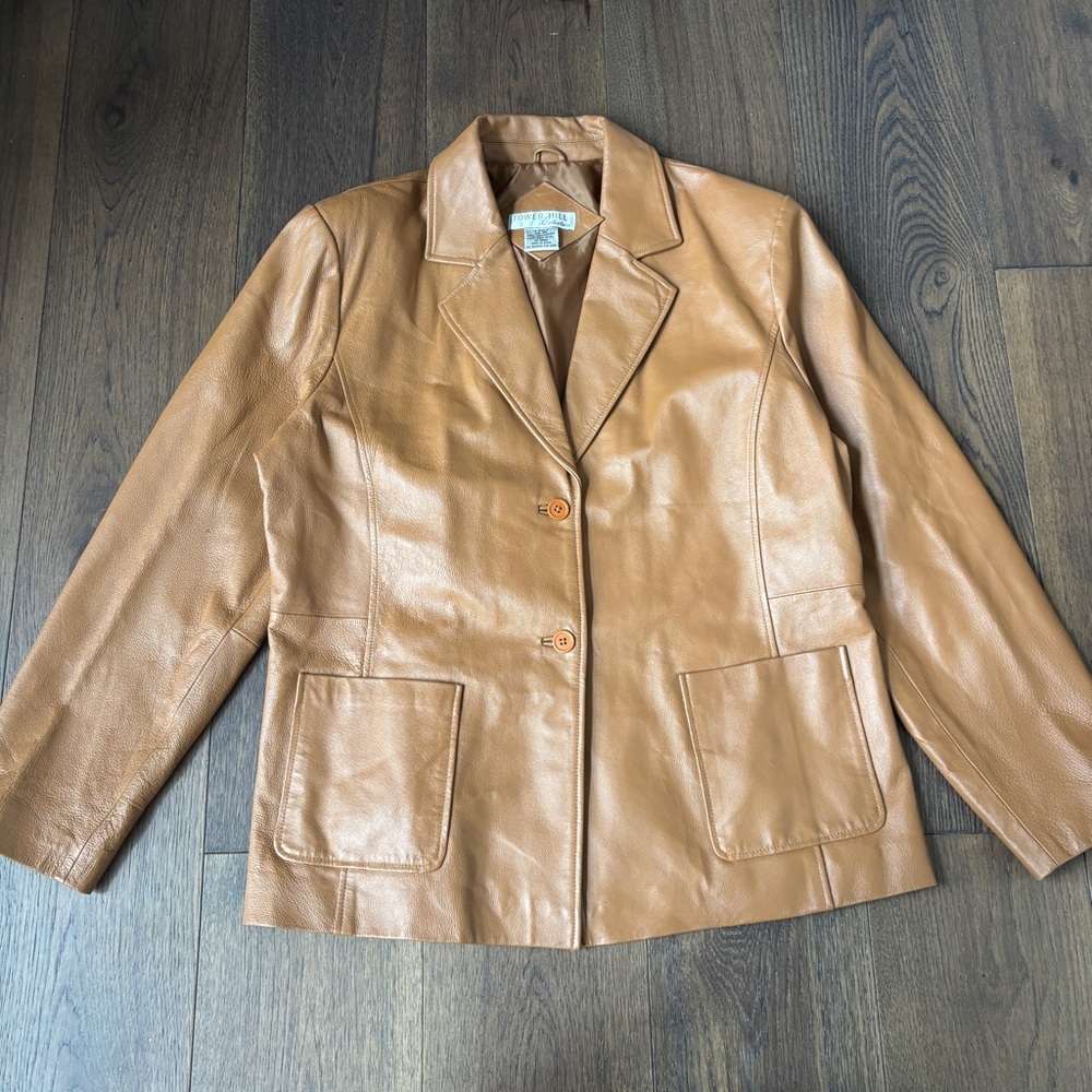 Tower Hill Camel Vintage Leather Blazer Jacket Size 20 Retro 70s Neutral 90s
